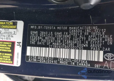2013 Toyota Corolla S from USA, damaged, VIN 2T1BU4EE8DC003765